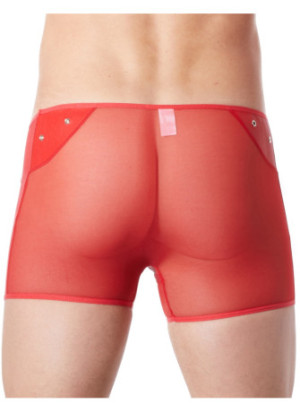 Boxer rouge sexy maille transparente et bande style cuir - LM807-67RED